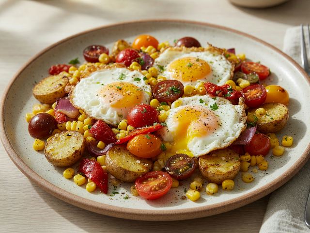 Sheet-Pan Burst Tomato & Sweet Corn Breakfast Hash with Eggs