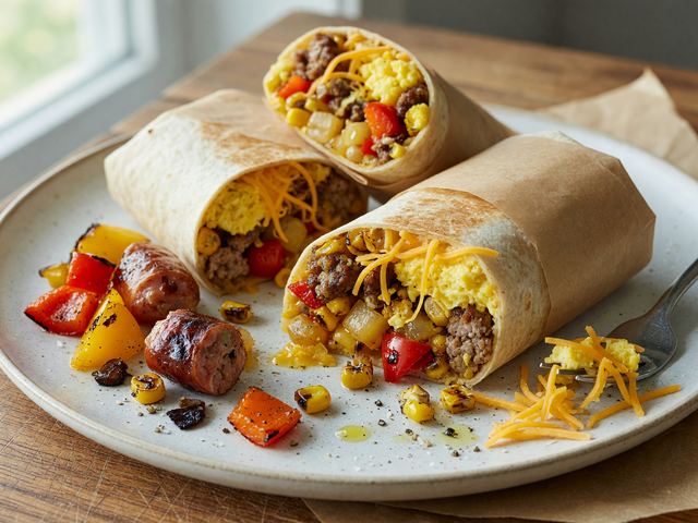 Sheet-Pan Sausage Egg Breakfast Burritos with Charred Corn and Peppers