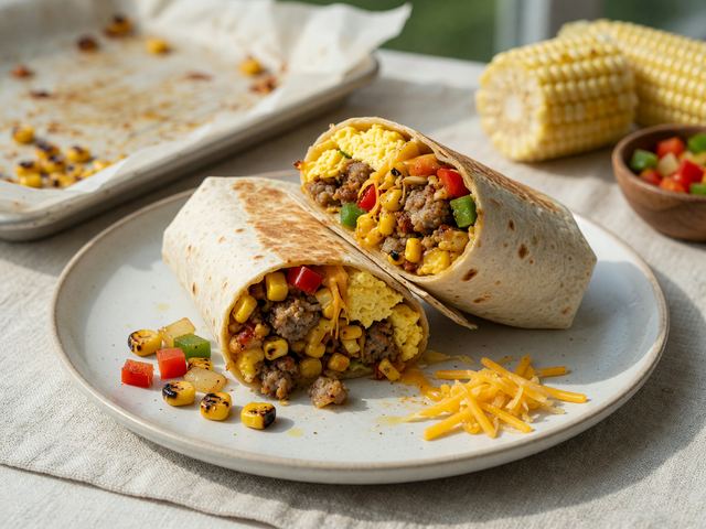 Sheet-Pan Sausage Egg Breakfast Burritos with Charred Corn