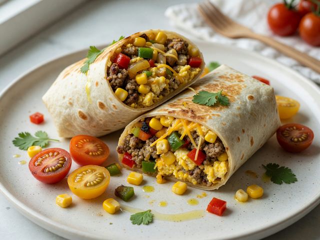 Sheet-Pan Sausage Egg & Sweet Corn Breakfast Burritos