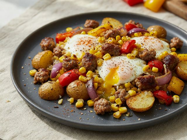 Sheet-Pan Sweet Corn Hash with Sausage & Baked Eggs