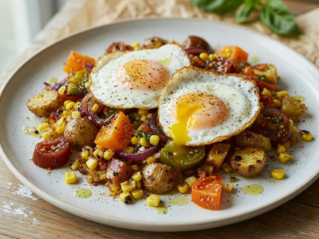 Sheet-Pan Sweet Corn & Heirloom Tomato Breakfast Hash with Eggs