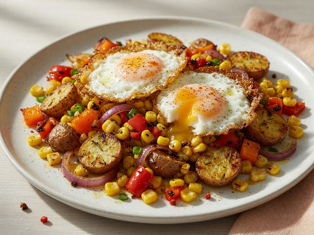 Sheet-Pan Sweet Corn & Pepper Breakfast Hash with Crispy Eggs
