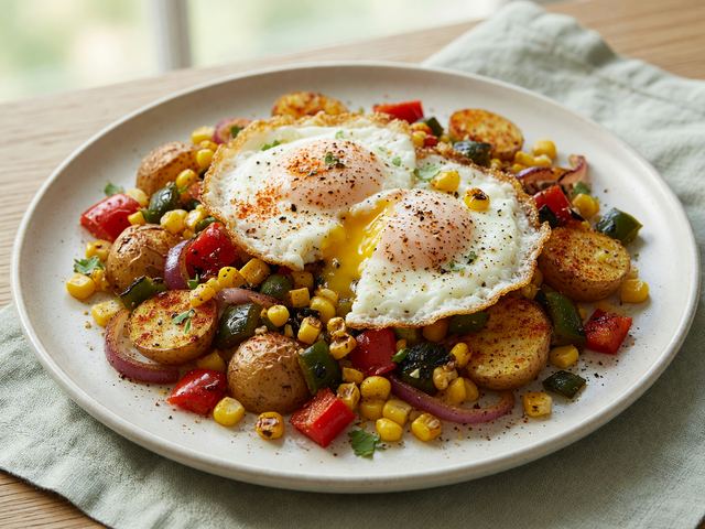 Sheet-Pan Sweet Corn & Pepper Hash with Crispy Eggs