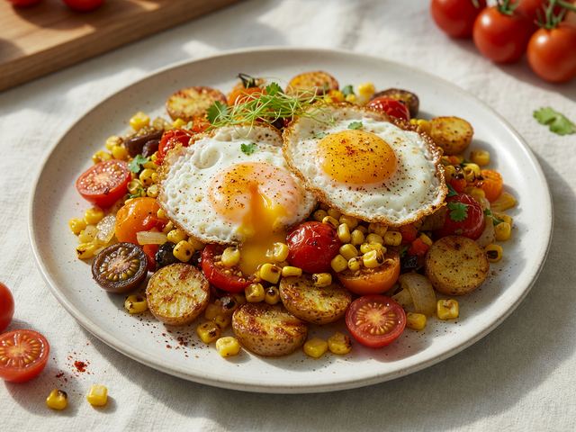 Sheet-Pan Sweet Corn & Tomato Breakfast Hash with Crispy Eggs