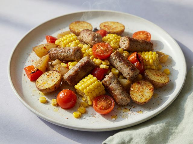 Sheet-Pan Turkey Sausage Breakfast Hash with Sweet Corn