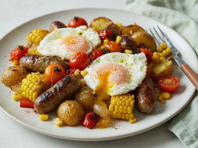 Sheet-Pan Turkey Sausage Sweet-Corn Breakfast Hash with Eggs