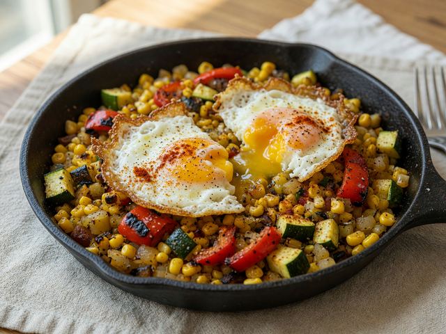 Skillet-Charred Corn & Zucchini Breakfast Hash with Crispy Eggs