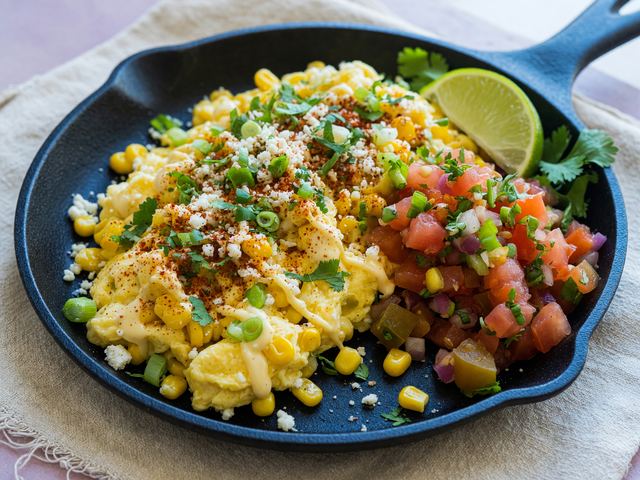 Skillet Elote Soft Scramble with Heirloom Tomato Pico