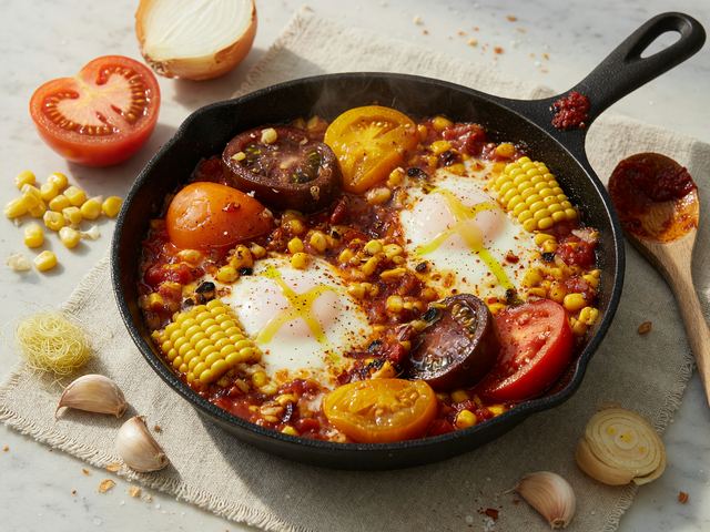 Skillet Fresh-Corn Shakshuka with Heirloom Tomatoes