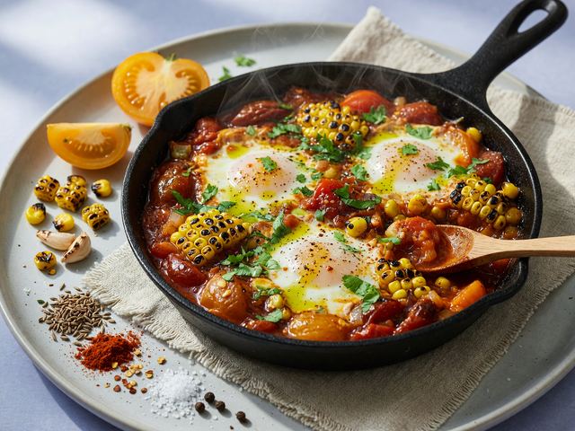 Skillet Heirloom Tomato Shakshuka with Charred Sweet Corn