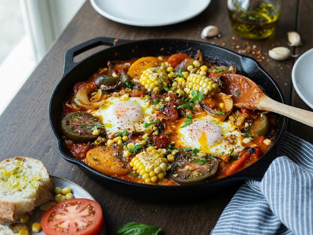 Skillet Heirloom Tomato Sweet-Corn Shakshuka