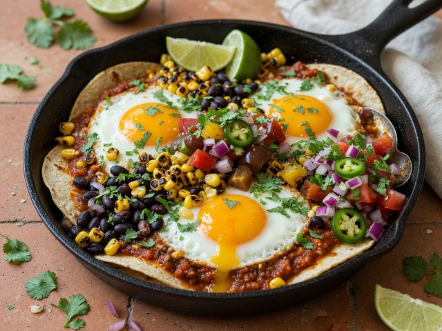 Skillet Huevos Rancheros with Charred Corn & Heirloom Pico