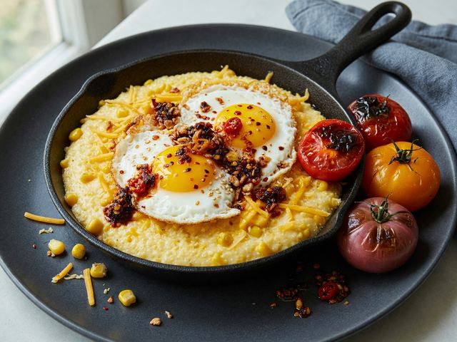 Skillet Sweet Corn Grits with Chili-Crisp Eggs & Blistered Tomatoes