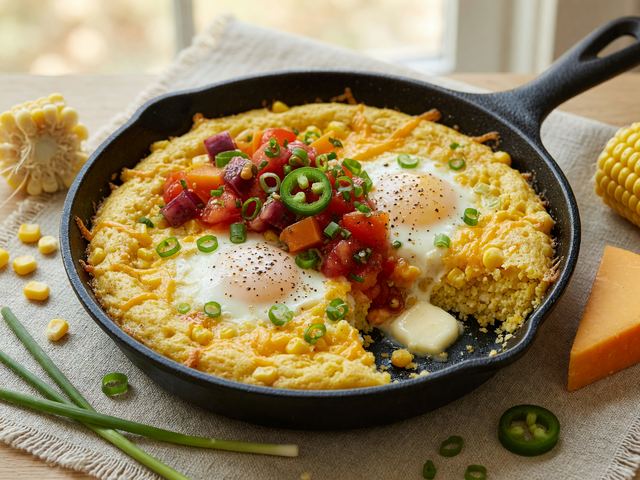Skillet Sweet-Corn Spoonbread with Baked Eggs & Tomato Relish