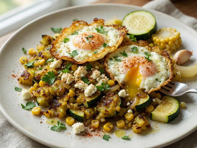 Smashed Zucchini & Corn Breakfast Hash with Crispy Eggs