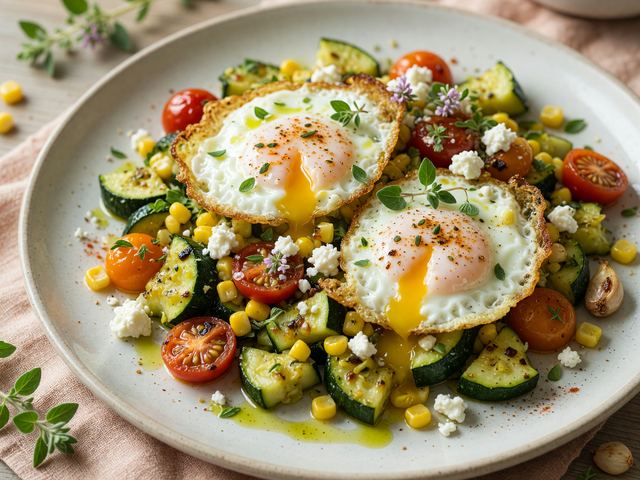 Smashed Zucchini & Corn Breakfast Skillet with Crispy Eggs
