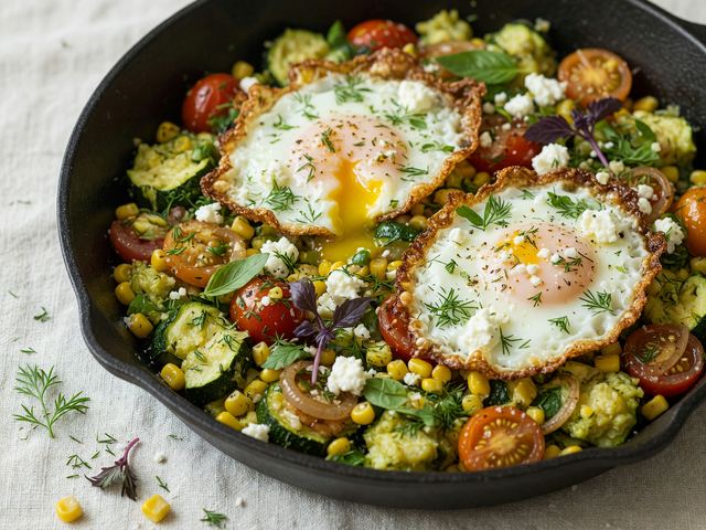 Smashed Zucchini & Sweet Corn Skillet with Crispy Eggs