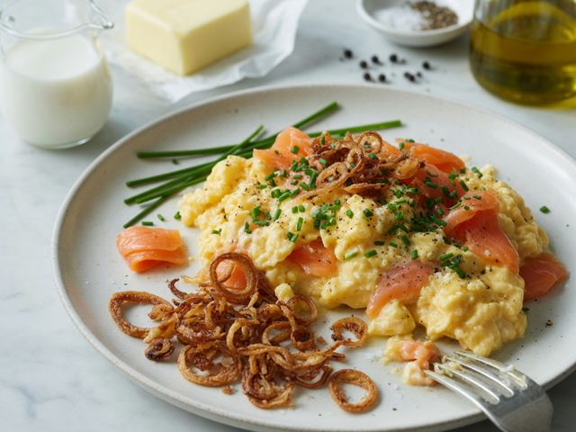 Smoked Salmon & Chive Scrambled Eggs with Crispy Shallots
