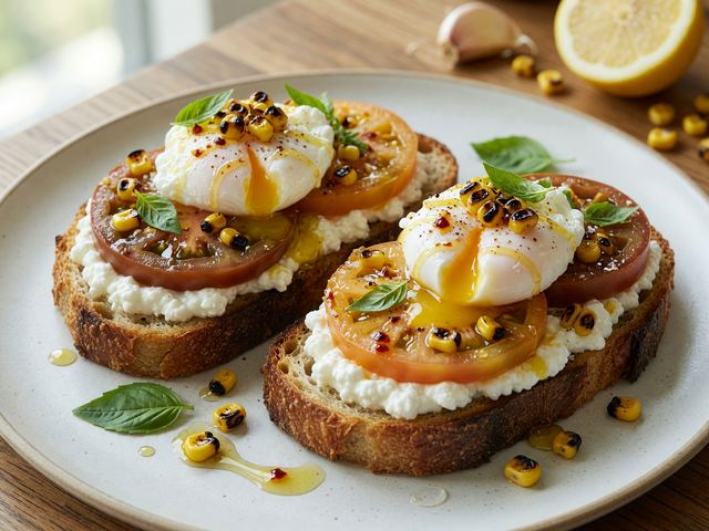 Soft-Egg Heirloom Tomato Toasts with Charred Corn, Whipped Cottage Cheese & Hot Honey