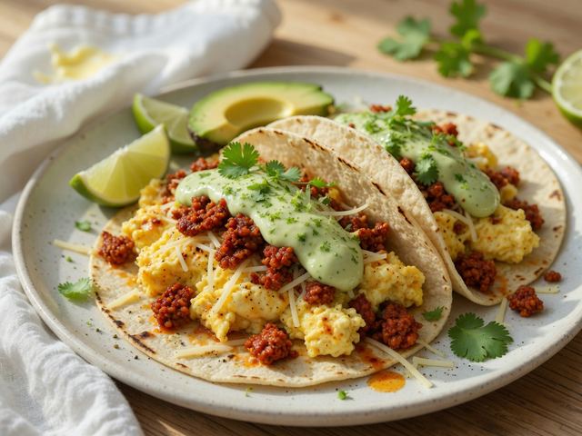 Soft-Scramble Chorizo Breakfast Tacos with Avocado Crema