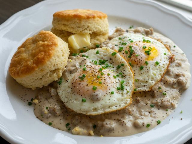 Southern Biscuits and Sausage Gravy with Fried Eggs