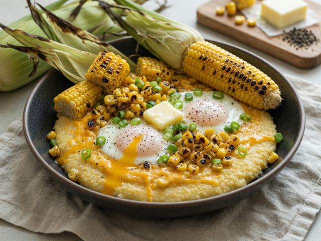 Southern Charred Sweet Corn Cheddar Grits with Soft Eggs