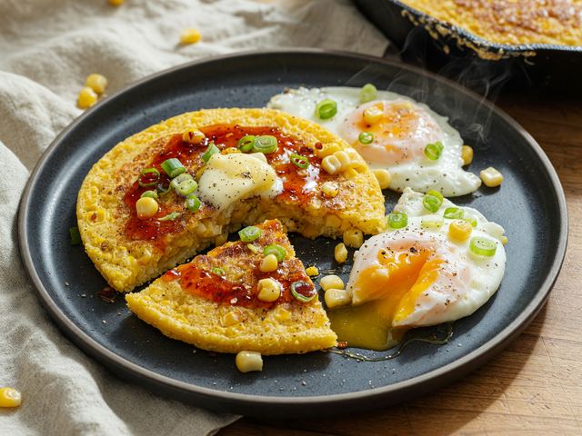 Southern Cornmeal Hot-Honey Skillet Pancakes with Soft Eggs