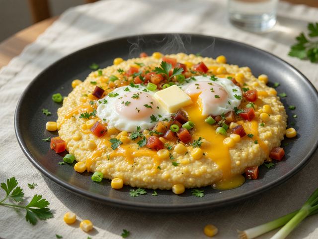 Southern Creamed Corn Grits with Soft Eggs & Tomato Relish