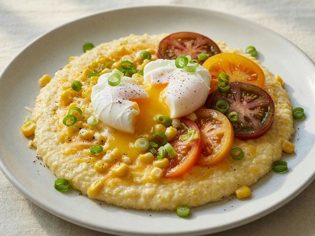 Southern Creamed Corn Grits with Soft Eggs & Tomatoes