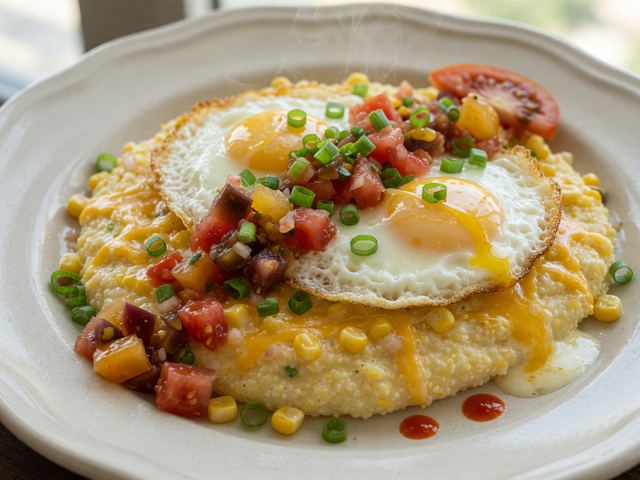 Southern Creamy Sweet-Corn Grits with Fried Eggs & Tomato Relish