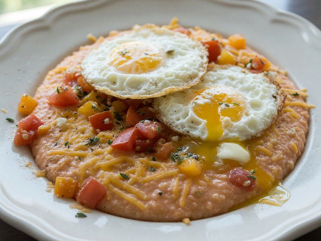 Southern Creamy Tomato Grits with Fried Eggs