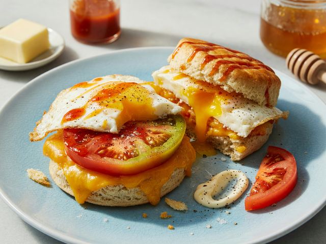 Southern Hot-Honey Biscuit Sandwiches with Fried Eggs and Tomato