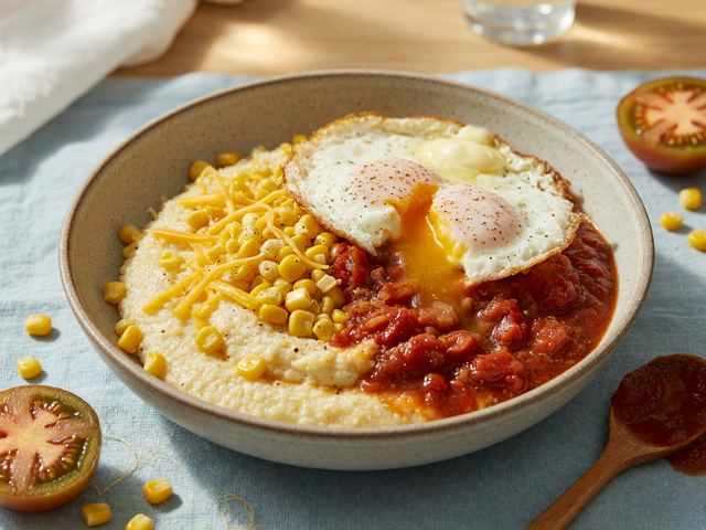 Southern Sweet-Corn Grits Bowls with Tomato Gravy & Fried Eggs