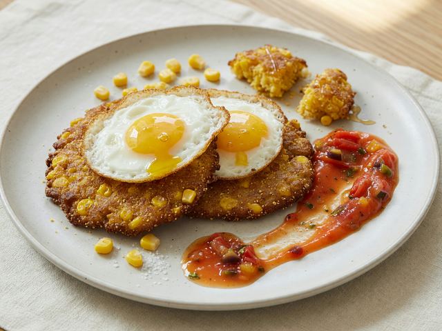 Southern Sweet-Corn Johnny Cakes with Fried Eggs & Tomato Butter