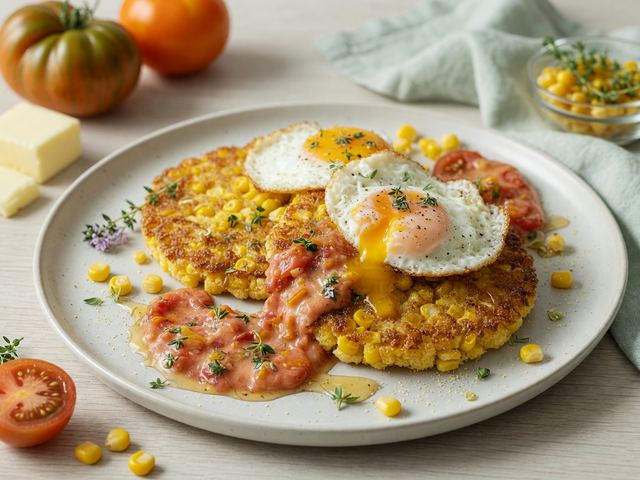 Southern Sweet-Corn Johnnycakes with Fried Eggs & Tomato Butter