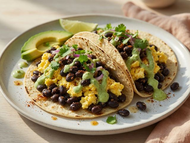 Spicy Black Bean & Egg Breakfast Tacos with Avocado Crema