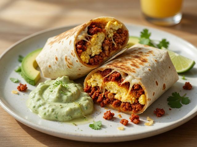 Spicy Chorizo Breakfast Burritos with Avocado Crema