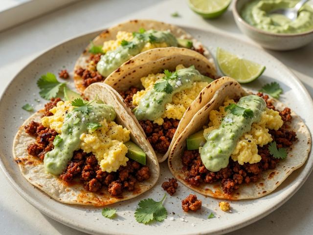 Spicy Chorizo Breakfast Tacos with Avocado Crema