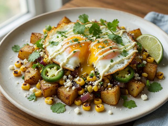 Street-Corn Breakfast Potato Hash with Sunny Eggs & Cotija