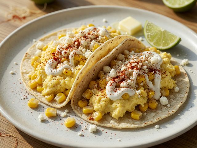 Street-Corn Breakfast Tacos with Soft Scrambled Eggs & Cotija