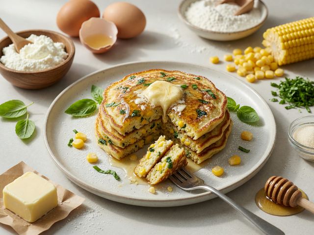 Sweet Corn Basil Ricotta Pancakes with Honey Butter