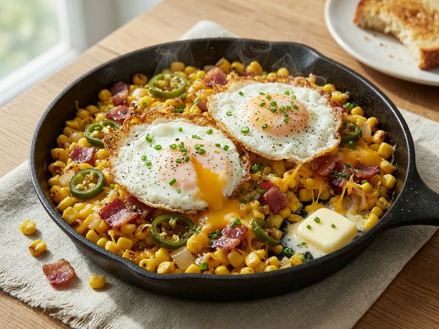 Sweet Corn & Cheddar Breakfast Skillet with Crispy Eggs