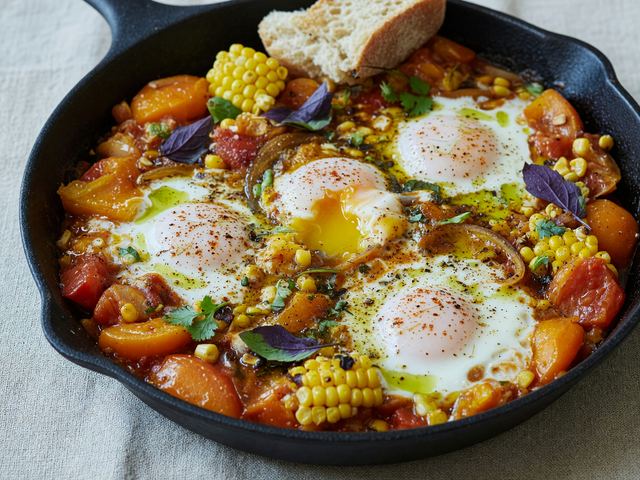 Sweet Corn Heirloom Tomato Shakshuka