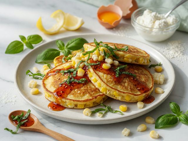 Sweet Corn Ricotta Pancakes with Basil Hot Honey