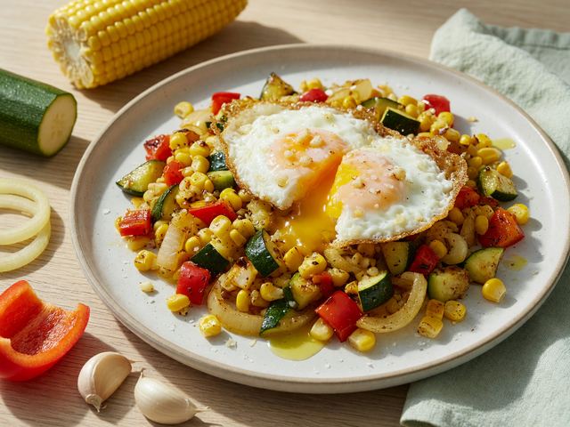 Sweet Corn & Zucchini Breakfast Hash with Crispy Fried Eggs