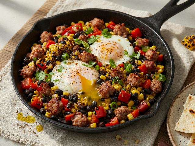 Tex-Mex Turkey Sausage Breakfast Skillet with Charred Corn, Black Beans & Soft Eggs