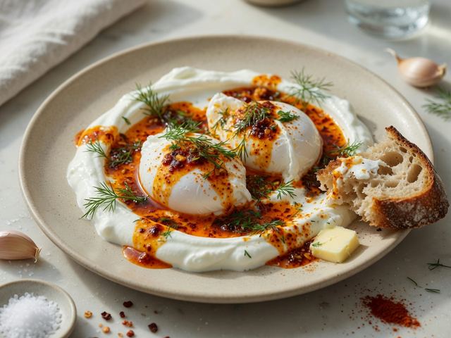 Turkish Eggs (Çılbır) with Chili Butter and Dill