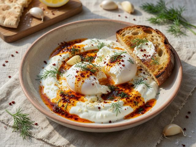 Turkish Çılbır Eggs over Garlic Yogurt with Chili Butter