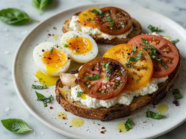 Whipped Burrata Heirloom Tomato Toast with Jammy Eggs
